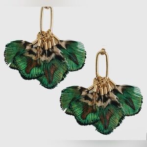 🆕 Mallard 🦆 Feather Tassel Statement Earrings Green Brown Gold